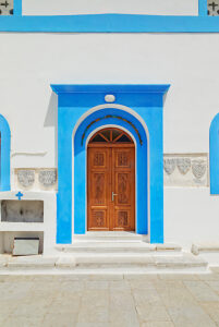 Megali Panagia church facade, Chorio, Symi Island, Dodecanese Islands, Greece