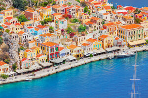 Gialos harbour, high angle view, Symi Island, Dodecanese Islands, Greece