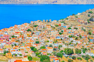View over Chorio (upper town), Chorio, Symi Island, Dodecanese Islands, Greece