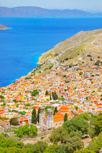 Chorio (upper town), high angle view, Chorio, Symi Island, Dodecanese Islands, Greece