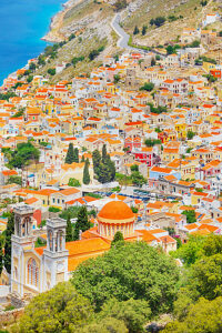 Chorio (upper town), high angle view, Chorio, Symi Island, Dodecanese Islands, Greece
