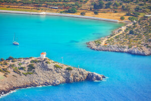 Panormitis bay, high angle view, Panormitis, Symi Island, Dodecanese Islands, Greece