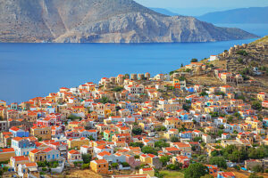 View over Chorio (upper town), Chorio, Symi Island, Dodecanese Islands, Greece