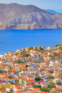 View over Chorio (upper town), Chorio, Symi Island, Dodecanese Islands, Greece