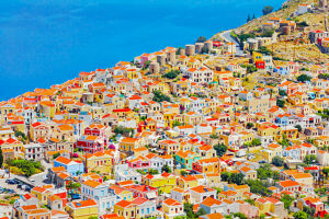 Chorio (upper town), high angle view, Chorio, Symi Island, Dodecanese Islands, Greece