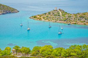 Panormitis bay, high angle view, Panormitis, Symi Island, Dodecanese Islands, Greece