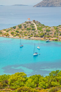 Panormitis bay, high angle view, Panormitis, Symi Island, Dodecanese Islands, Greece