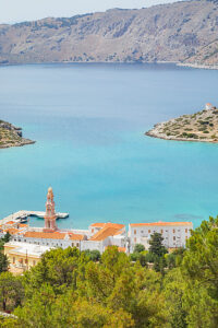 Panormitis bay, high angle view, Panormitis, Symi Island, Dodecanese Islands, Greece