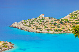 Panormitis bay, high angle view, Panormitis, Symi Island, Dodecanese Islands, Greece