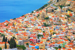 Chorio (upper town), high angle view, Chorio, Symi Island, Dodecanese Islands, Greece