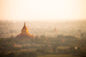 Aerial view of ancient temples (more than 2200 temples) of Bagan at sunrise in Myanmar Aerial view of ancient temples (more than 2200 temples) of Bagan at sunrise in Myanmar