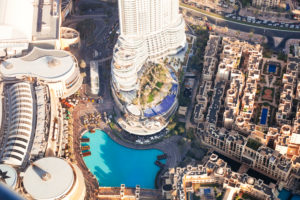 Dubai mall and fountain from above 