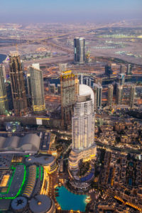 Dubai city view from above, sunset