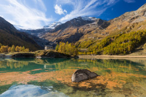 The afternoon sun bathes the area around the reservoir Lago Palü on the Alp Grüm near Poschiavo in an autumnal light, canton Grisons, Switzerland, The afternoon sun bathes the area around the reservoir Lago Palü on the Alp Grüm near Poschiavo in an autumnal light, canton Grisons, Switzerland,