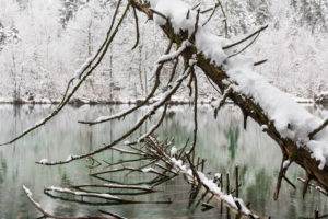 The first snow in November covers Lake Cresta near Trin with a winter dress, Canton Grisons, Switzerland The first snow in November covers Lake Cresta near Trin with a winter dress, Canton Grisons, Switzerland