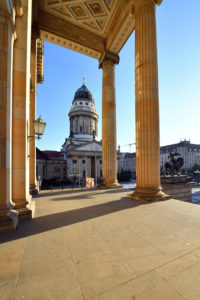 Germany, Berlin, Mitte district, Gendarmenmarkt square, the Schauspielhaus theater (Konzerthaus) and French church built between 1701 and 1705 by architects Louis Gayard Germany, Berlin, Mitte district, Gendarmenmarkt square, the Schauspielhaus theater (Konzerthaus) and French church built between 1701 and 1705 by architects Louis Gayard