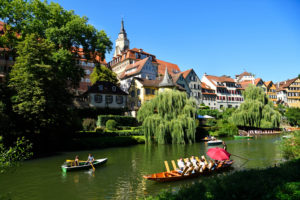 Germany, Baden-Wurttemberg, Neckartal (Neckar valley), Tübingen, Neckar front with collegiate church (Stifskirche) 'St Georg' Germany, Baden-Wurttemberg, Neckartal (Neckar valley), Tübingen, Neckar front with collegiate church (Stifskirche) 'St Georg'