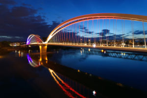 France, Bas Rhin, Strasbourg, new Beatus Renanus bridge on the Rhine river on which the tram connecting Strasbourg to Kehl circulates, A tram for Europe without borders between Strasbourg and Kehl France, Bas Rhin, Strasbourg, new Beatus Renanus bridge on the Rhine river on which the tram connecting Strasbourg to Kehl circulates, A tram for Europe without borders between Strasbourg and Kehl