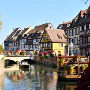 France, Haut Rhin, Alsace Wine Route, Colmar, La Petite Venise district, quai de la Poissonnerie, traditional half-timbered houses and Lauch river France, Haut Rhin, Alsace Wine Route, Colmar, La Petite Venise district, quai de la Poissonnerie, traditional half-timbered houses and Lauch river