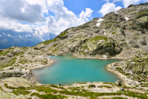 France, Haute Savoie, Chamonix Mont Blanc, Lac Blanc (white lake) (2352m) in the Reserve naturelle nationale des Aiguilles Rouges (Aiguilles Rouges National Nature Reserve) with a view on the Mont Blanc (4810m) France, Haute Savoie, Chamonix Mont Blanc, Lac Blanc (white lake) (2352m) in the Reserve naturelle nationale des Aiguilles Rouges (Aiguilles Rouges National Nature Reserve) with a view on the Mont Blanc (4810m)