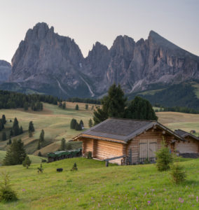 Sassolungo, alpine hut, Alpe di Siusi, South Tyrol, Italy Sassolungo, alpine hut, Alpe di Siusi, South Tyrol, Italy