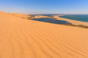 Sand dunes modeled by wind meet the Atlantic Ocean and lagoons in Walvis Bay Namib Desert Erongo Region Namibia Southern Africa Sand dunes modeled by wind meet the Atlantic Ocean and lagoons in Walvis Bay Namib Desert Erongo Region Namibia Southern Africa