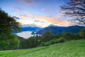 Pink sky at dawn on Lake Como seen from Cremia San Domenico Lombardy Italy Europe Pink sky at dawn on Lake Como seen from Cremia San Domenico Lombardy Italy Europe