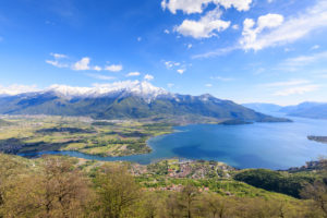Top view of Lake Como and villages framed by snowy peaks Montemezzo Alpe Zocca Lombardy Italy Europe Top view of Lake Como and villages framed by snowy peaks Montemezzo Alpe Zocca Lombardy Italy Europe