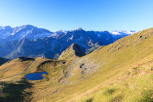 Green meadows and alpine lake framed by the high peaks in the Adamello Ski Area pass Tonale Valcamonica Lombardy Italy Europe Green meadows and alpine lake framed by the high peaks in the Adamello Ski Area pass Tonale Valcamonica Lombardy Italy Europe