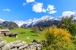 Huts in the green valley framed by snowy peaks Soglio Maloja canton of Graubunden Engadin Bregaglia Valley Switzerland Europe Huts in the green valley framed by snowy peaks Soglio Maloja canton of Graubunden Engadin Bregaglia Valley Switzerland Europe