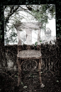 Poetisches Bild der Reflexionen in einem Garten und im Wald mit einem Holzstuhl in der Atmosphäre eines Traumes Poetisches Bild der Reflexionen in einem Garten und im Wald mit einem Holzstuhl in der Atmosphäre eines Traumes
