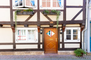 House facade, front door, window, half-timbered house, Wolfenbüttel, Lower Saxony, Germany, Europe