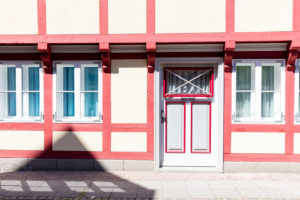 House facade, front door, window, half-timbered house, Wolfenbüttel, Lower Saxony, Germany, Europe