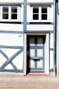 House facade, front door, window, half-timbered house, Wolfenbüttel, Lower Saxony, Germany, Europe