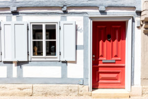 House facade, front door, window, half-timbered house, Wolfenbüttel, Lower Saxony, Germany, Europe