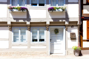 House facade, front door, window, half-timbered house, Wolfenbüttel, Lower Saxony, Germany, Europe