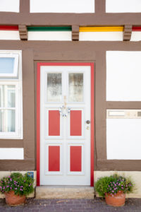 House facade, front door, window, half-timbered house, Wolfenbüttel, Lower Saxony, Germany, Europe