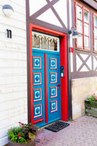 House facade, front door, window, half-timbered house, Wolfenbüttel, Lower Saxony, Germany, Europe