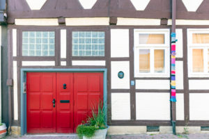 House facade, front door, window, half-timbered house, Wolfenbüttel, Lower Saxony, Germany, Europe