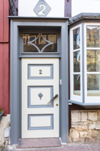 House facade, front door, window, half-timbered house, Wolfenbüttel, Lower Saxony, Germany, Europe