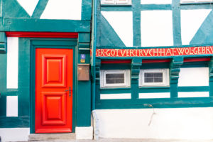 House facade, front door, window, half-timbered house, Wolfenbüttel, Lower Saxony, Germany, Europe