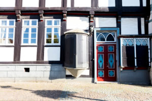 House facade, front door, window, half-timbered house, Wolfenbüttel, Lower Saxony, Germany, Europe