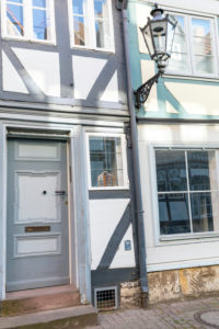 House facade, front door, window, half-timbered house, Wolfenbüttel, Lower Saxony, Germany, Europe