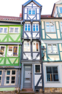 House facade, front door, window, half-timbered house, Wolfenbüttel, Lower Saxony, Germany, Europe