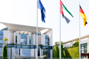 Federal Chancellery, facade, banner, flags, government district, Berlin, Germany Federal Chancellery, facade, banner, flags, government district, Berlin, Germany