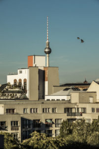 Blick über den Potsdamer Platz bis zum Alexanderplatz mit Vögeln in der Luft Blick über den Potsdamer Platz bis zum Alexanderplatz mit Vögeln in der Luft