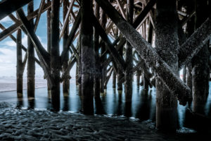 Germany, Schleswig-Holstein, Sankt Peter-Ording, beach, pole, buildings on stilts Germany, Schleswig-Holstein, Sankt Peter-Ording, beach, pole, buildings on stilts