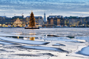 Binnenalster with Christmas tree and Michel at Christmas time in Hamburg, Germany, Europe Binnenalster with Christmas tree and Michel at Christmas time in Hamburg, Germany, Europe
