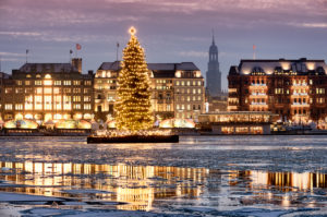 Binnenalster with Christmas tree and Michel at Christmas time in Hamburg, Germany, Europe Binnenalster with Christmas tree and Michel at Christmas time in Hamburg, Germany, Europe