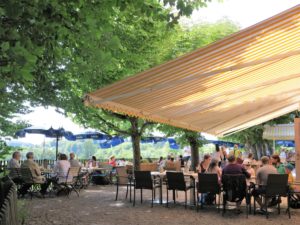 Germany, Bavaria, Andechs, Klosterwirtschaft, garden, parasols Germany, Bavaria, Andechs, Klosterwirtschaft, garden, parasols
